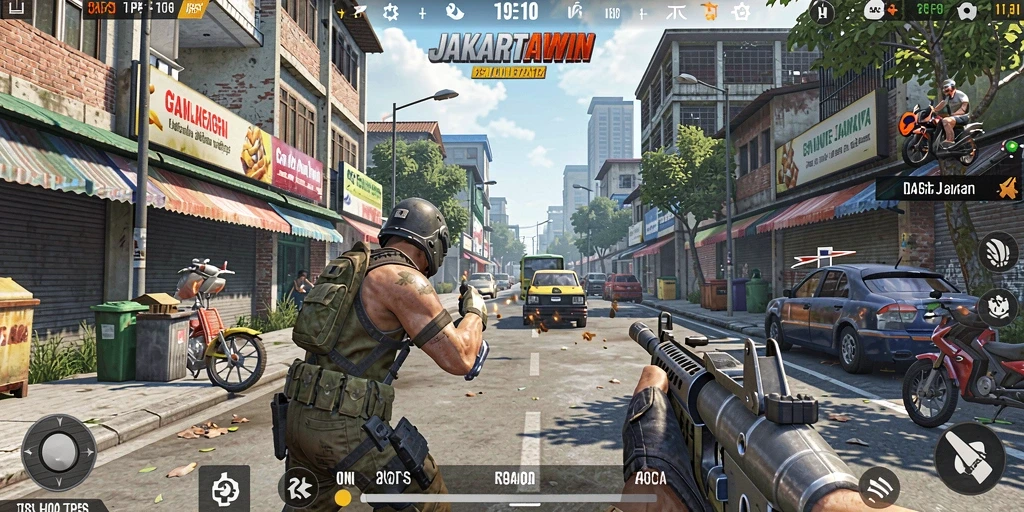 Tampilan gameplay seru di <strong>JAKARTAWIN</strong> yang menggambarkan aksi di kota Jakarta.