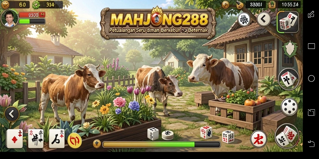 Gambar gameplay <strong>MAHJONG288</strong> saat berkebun dan beternak.