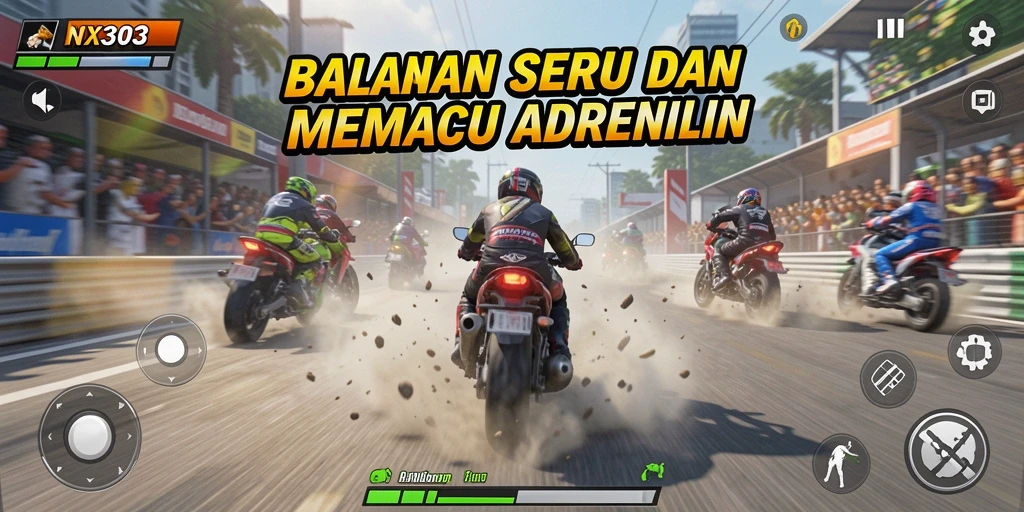 Screenshot gameplay NX303 menunjukkan aksi balapan yang mendebarkan.