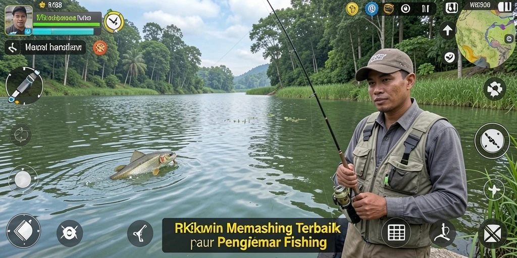 Tampilan gameplay RK88 dengan aksi memancing yang seru.