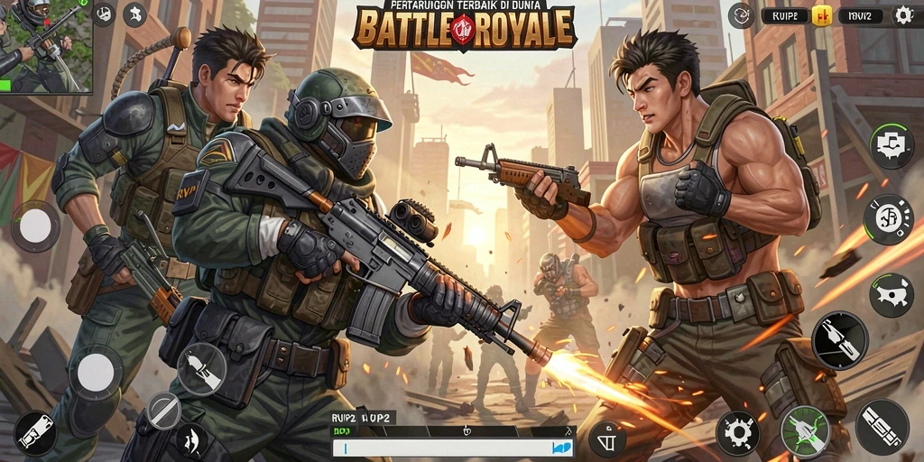 Tangkapan layar dari gameplay RVIP2 dalam aksi Battle Royale.