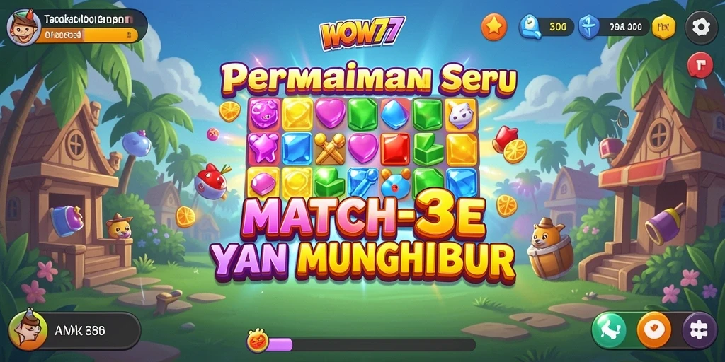 Tangkapan layar WOW77 menampilkan gameplay Match-3 yang seru.